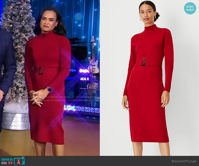 Ann Taylor Belted Turtleneck Sweater Dress in Gingham Red worn by Linsey Davis on Good Morning America