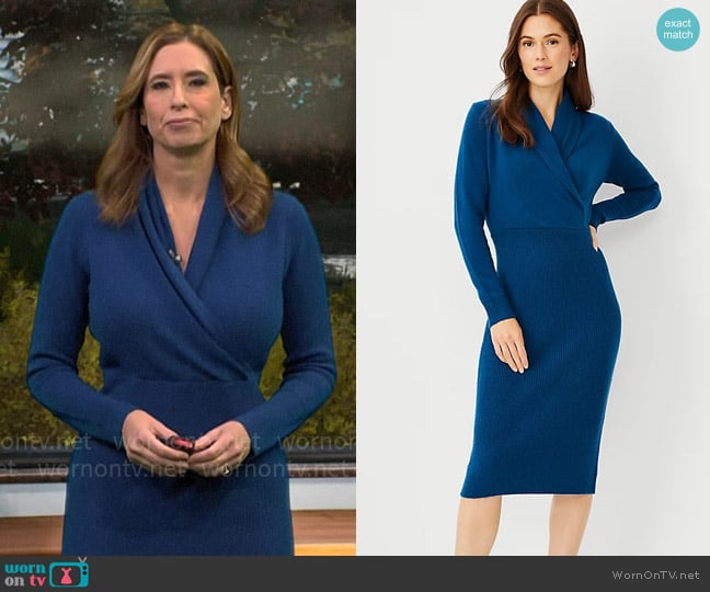 Ann Taylor Cashmere Shawl Collar Wrap Sweater Dress in Sea Storm worn by Stephanie Abrams on CBS Mornings