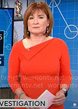 Anna Werner's red folded neckline dress on CBS Mornings