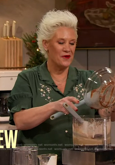 Anne Burrell’s green embroidered shirt on The Drew Barrymore Show