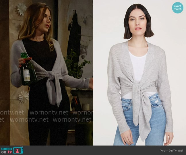 Autumn Cashmere Tie Front Rib Cardigan in Fog worn by Heather Stevens (Vail Bloom) on The Young and the Restless