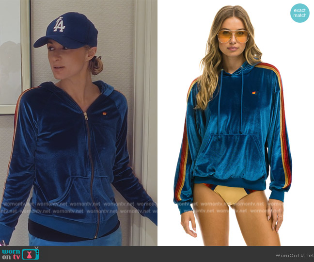 Aviator Nation Classic Velvet Pullover Hoodie worn by Paris Hilton on Paris in Love