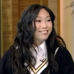 Awkwafina’s varisty stripe sweater and skirt on Live with Kelly and Mark