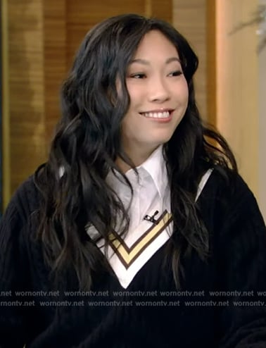 Awkwafina's varisty stripe sweater and skirt on Live with Kelly and Mark