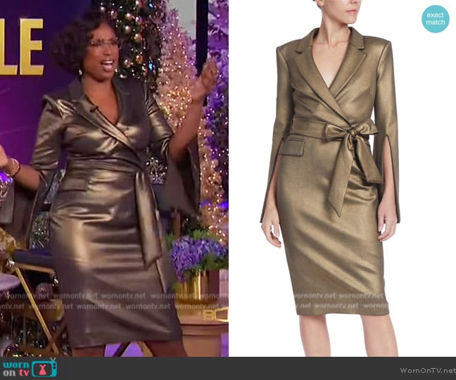 Badgley Mischka Split-Sleeve Metallic Scuba Midi Dress worn by Jennifer Hudson on The Jennifer Hudson Show