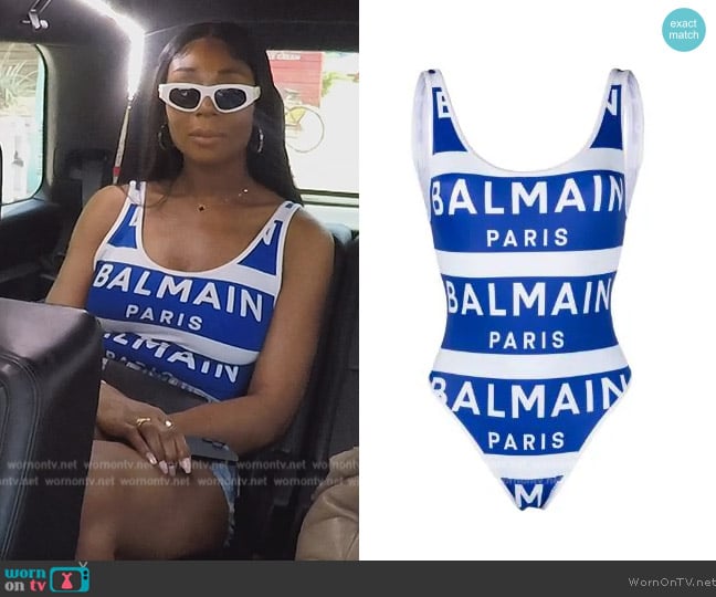 Balmain Logo-print U-neck swimsuit worn by Nneka Ihim on The Real Housewives of Potomac