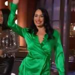 Brie Garcia’s green satin wrap top and pants on The Kelly Clarkson Show