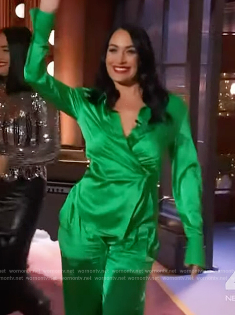 Brie Garcia's green satin wrap top and pants on The Kelly Clarkson Show