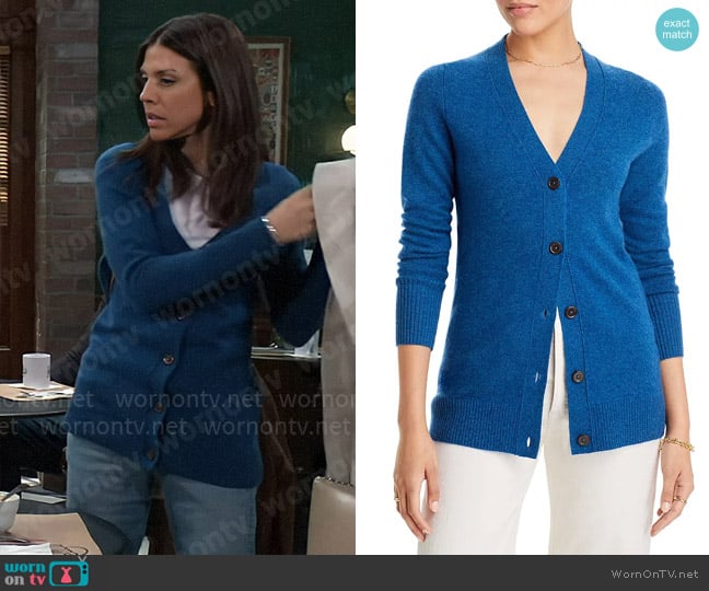 C by Bloomingdales Cashmere Grandfather Cardigan in Heather Dark Ocean worn by Kristina Corinthos-Davis (Kate Mansi) on General Hospital