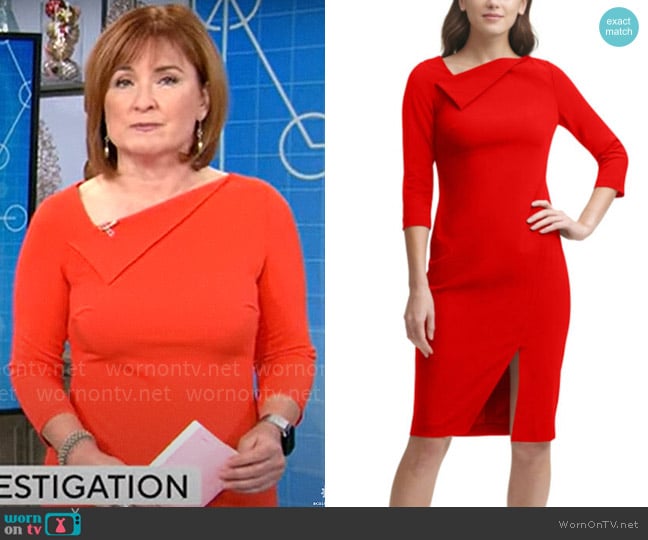 Calvin Klein Foldover-Neck Front-Slit Sheath Dress worn by Anna Werner on CBS Mornings