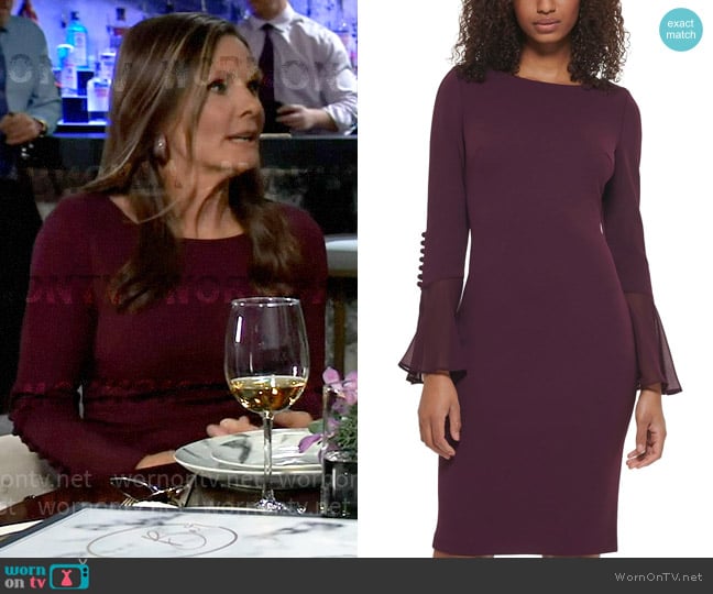 Calvin Klein Chiffon Midi Sheath Dress in Aubergine worn by Lucy Coe (Lynn Herring) on General Hospital