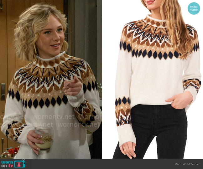 CeCe Funnel Neck Fair Isle Print Sweater worn by Lucy Romalotti (Lily Brooks O’ Briant) on The Young and the Restless