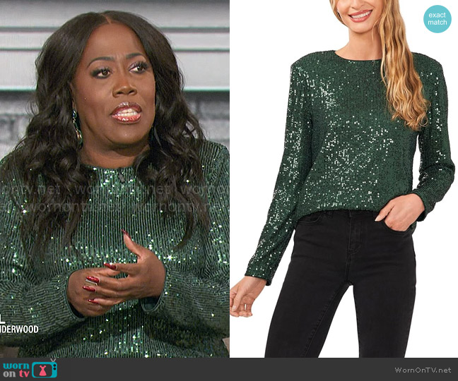 CeCe Sequin Crew Neck Top in Alpine Green worn by Sheryl Underwood on The Talk