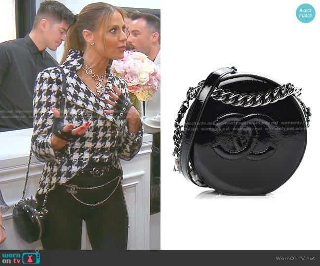 Chanel Patent Round As Earth Evening Bag in Black worn by Dorit Kemsley on The Real Housewives of Beverly Hills