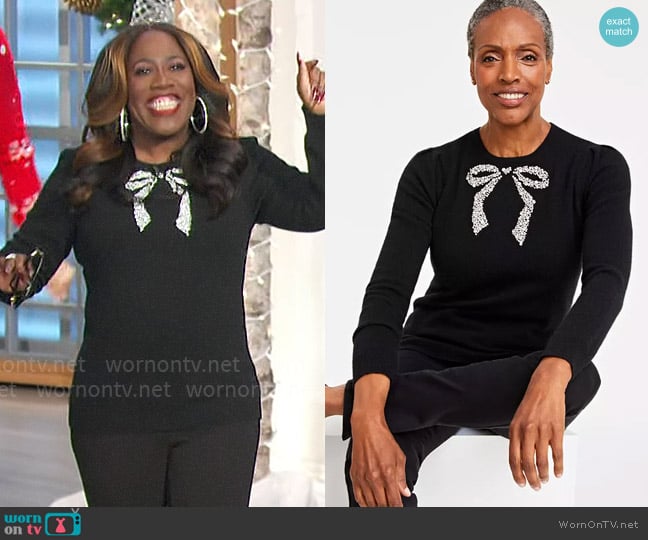 Charter Club Cashmere Embellished Bow Sweater in Classic Black worn by Sheryl Underwood on The Talk