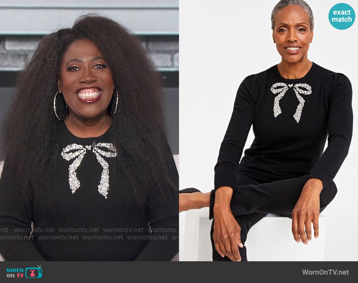 Charter Club Cashmere Embellished Bow Sweater in Classic Black worn by Sheryl Underwood on The Talk