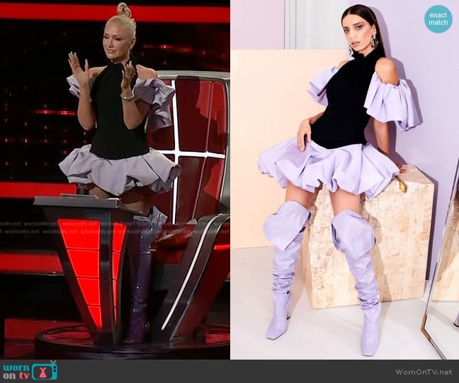 Christian Siriano Cold Shoulder Bubble Hem Mini Dress and Boots worn by Gwen Stefani on The Voice