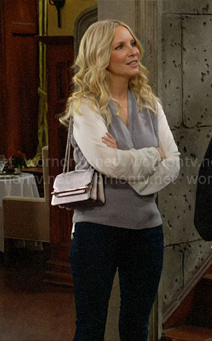 Christine’s grey wrap sweater with white sleeves on The Young and the Restless