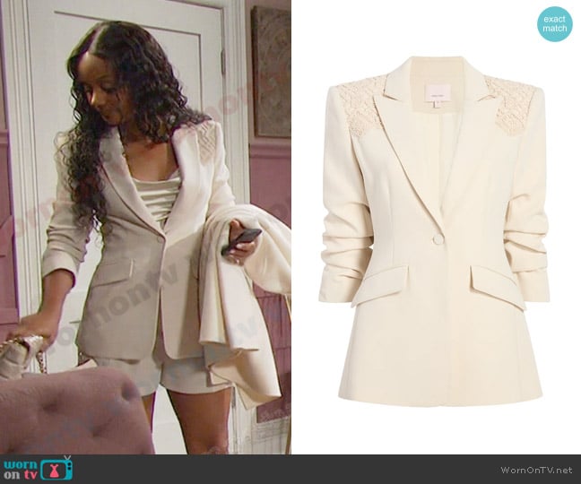 Cinq a Sept Cheyenne Crochet Lace Scrunched Blazer in Light Plaster worn by Chanel Dupree (Raven Bowens) on Days of our Lives