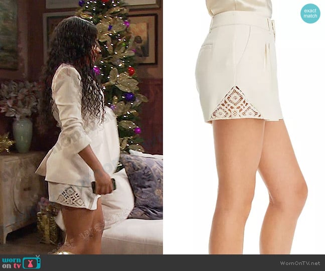 Cinq a Sept Corinna Crochet Lace Shorts in Light Plaster worn by Chanel Dupree (Raven Bowens) on Days of our Lives