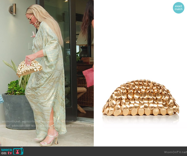 Cult Gaia Jaala Brass Embellished Mini Clutch worn by Heather Gay on The Real Housewives of Salt Lake City