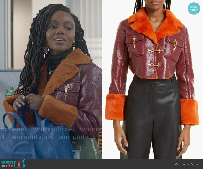 Cult Gaia Jay Faux Fur Lined Faux Leather Jacket worn by Hazel-May McCall (Ashleigh Murray) on The Other Black Girl