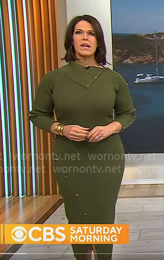 Dana Jacobson’s olive green folded neckline dress with studs on CBS Mornings