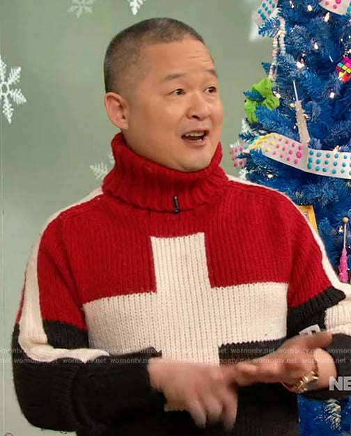 Danny Seo’s colorblock cross sweater on The Drew Barrymore Show