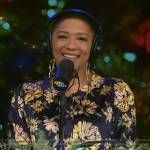 Deja Vu’s black floral print tie neck dress on Live with Kelly and Mark