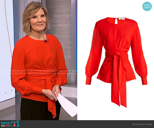 Diane von Furstenberg Balloon-Sleeve Crepe Wrap Blouse worn by Kate Snow on NBC News Daily