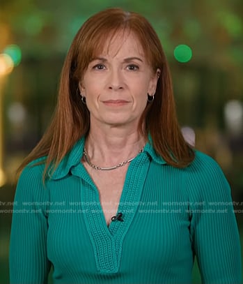 Diana Olick's green knit collar ribbed dress on NBC News Daily