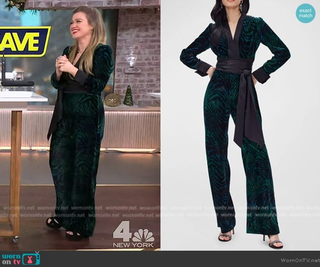 Diane von Furstenberg Vegas Tiger Print Long Sleeve Velvet Jumpsuit worn by Kelly Clarkson on The Kelly Clarkson Show