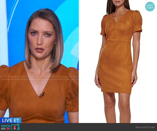 DKNY Faux Suede V-Neck Short Puff Sleeve Sheath Dress worn by Kayna Whitworth on Good Morning America