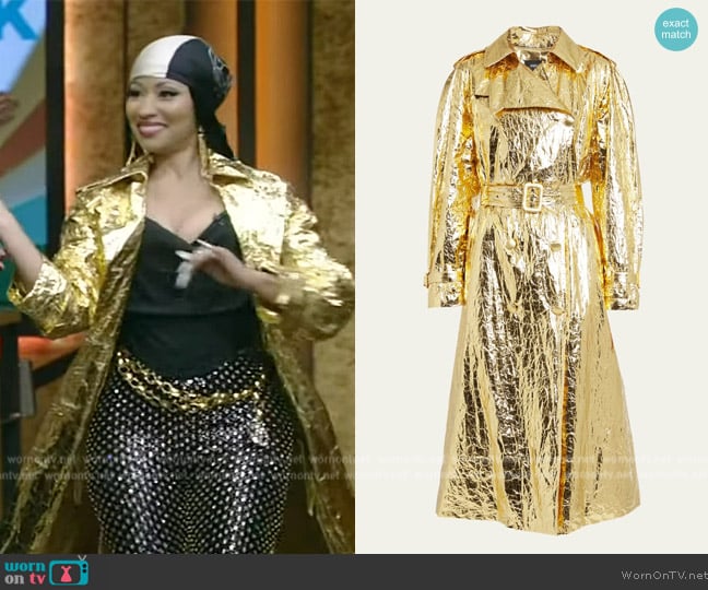 Dolce & Gabbana Crinkled Metallic Trench Coat with Belt worn by Nicki Minaj on Live with Kelly and Mark