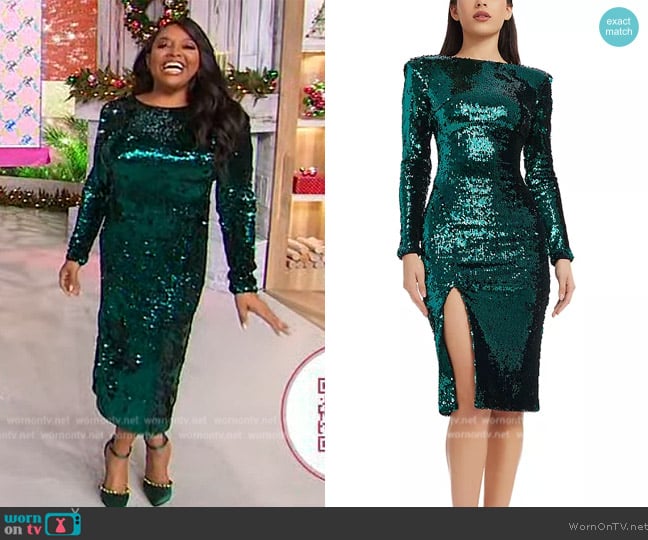 Dress the Population Natalie Sequin Long Sleeve Midi Dress worn by Sherri Shepherd on Sherri