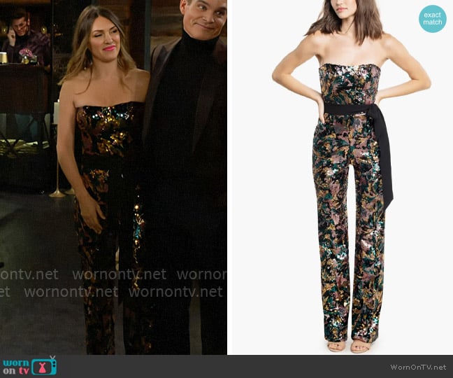 Dress the Population Andy Abstract Sequin Jumpsuit in Teal Multi worn by Chloe Mitchell (Elizabeth Hendrickson) on The Young and the Restless