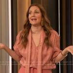 Drew’s pink satin tie neck blouse on The Drew Barrymore Show