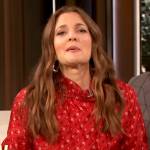 Drew’s red satin printed blouse on The Drew Barrymore Show