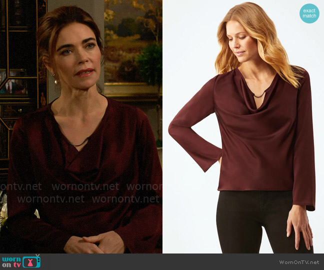 Ecru Andrews Draped Blouse in Mahogany worn by Victoria Newman (Amelia Heinle) on The Young and the Restless