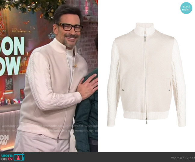 Eleventy Cable-knit wool bomber jacket worn by Lawrence Zarian on The Kelly Clarkson Show