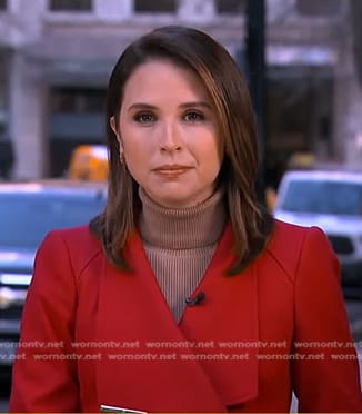 Elizabeth Schulze’s red wrap coat on Good Morning America