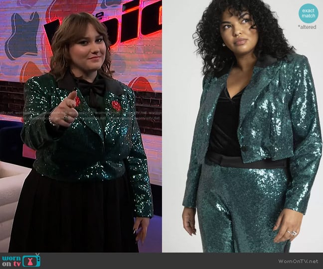 Eloquii Cropped Sequin Blazer in Verdant Green worn by Ruby Leigh on The Voice