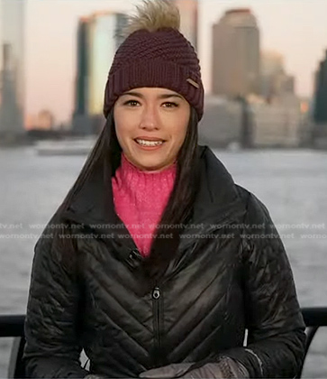 Emilie's black down coat and purple beanie on Today