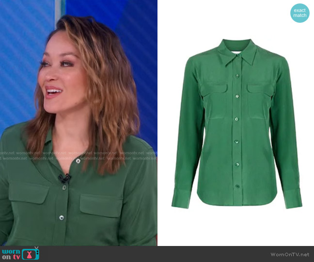 Equipment Signature Silk Shirt in Army Green worn by Eva Pilgrim on Good Morning America