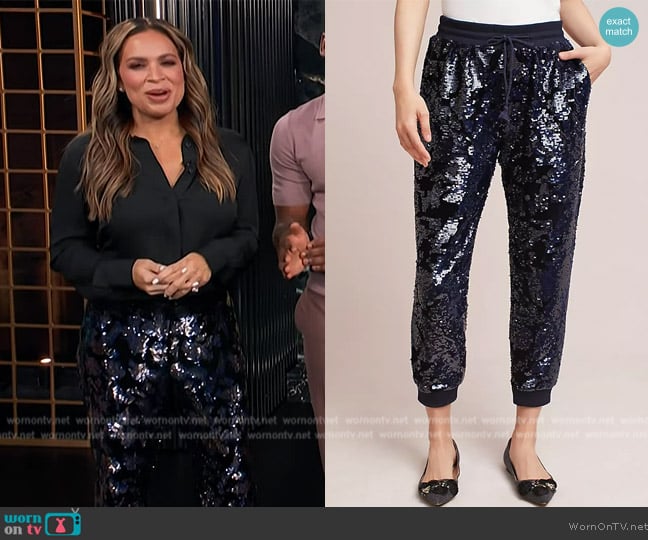 Ett:twa at Anthropologie Sequined Velvet Joggers worn by Carolina Bermudez on E! News