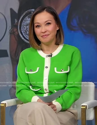 Eva's green contrast trim cardigan on Good Morning America