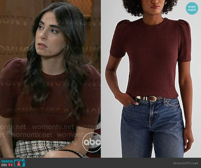 Express Ribbed Crew Neck Puff Sleeve Sweater worn by Molly Lansing-Davis (Kristen Vaganos) on General Hospital