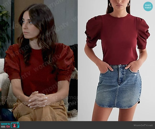 Express Skimming Crew Neck Poplin Ruched Puff Sleeve Tee worn by Molly Lansing-Davis (Kristen Vaganos) on General Hospital