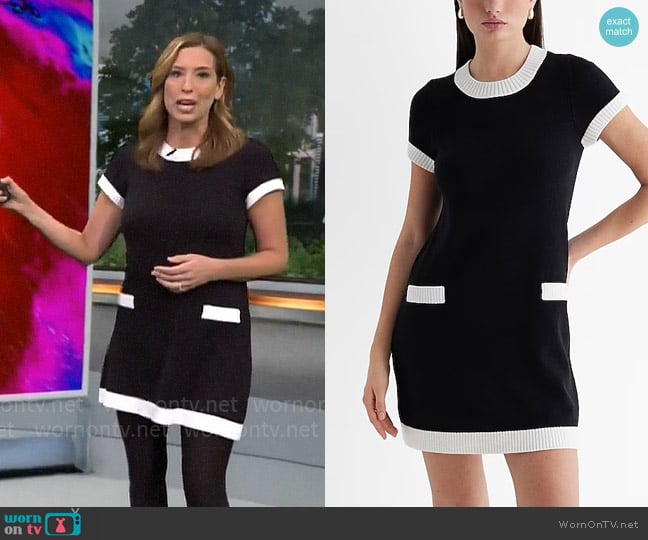 Express Tipped Crew Neck Mini Shift Sweater Dress worn by Stephanie Abrams on CBS Mornings