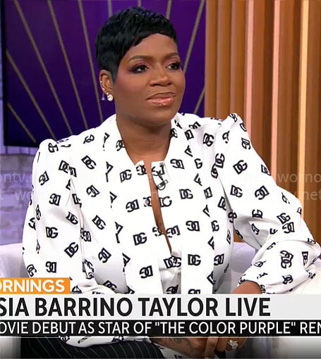 Fantasia Barrino Taylor’s white DG logo blouse on CBS Mornings